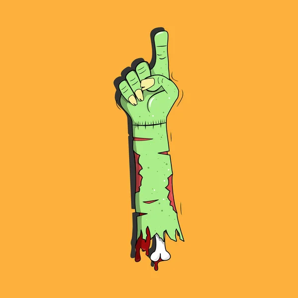 Зомби поднять руку и показать голосование с указательным пальцем в стиле мультфильма зеленый зомби — стоковый вектор