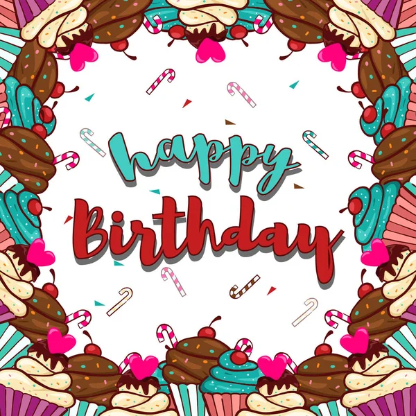 Buon compleanno con sfondo cupcake modello di biglietto di auguri con spazio copia al centro — Vettoriale Stock