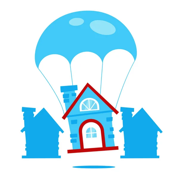 Umzug des Hauses mit Fallschirm vom Himmel in die Mitte der Nachbarschaft Cartoon Vektor Illustration — Stockvektor