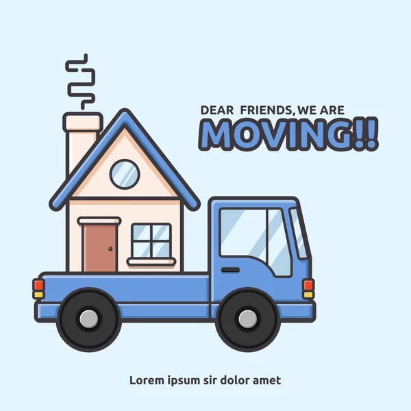 Moving house with pick up car cartoon vector illustration in flat rounded style — Stok Vektör