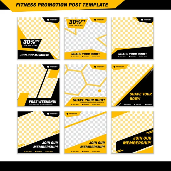 Fitness promotion médias sociaux instagram post template en jaune noir masculin style sportif — Image vectorielle