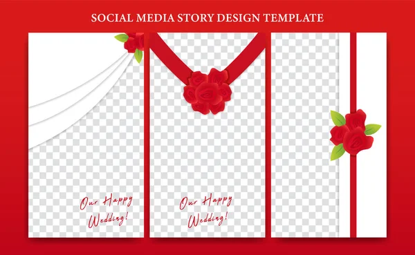 Social Media Banner flyer Verhaal Ontwerp Template set. Romantische verhalen frame ontwerp voor bruiloft moment met rode roos boeket bloem, wit gordijn, en rood lint — Stockvector