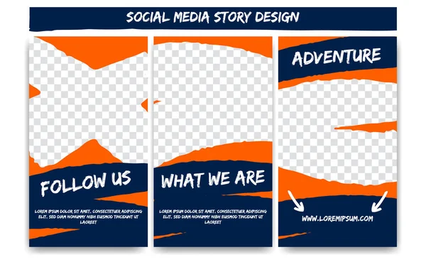 Editable social media IG story for action adventure in orange blue color. Streaming post social media template frame with brush stroke shape — Stock Vector