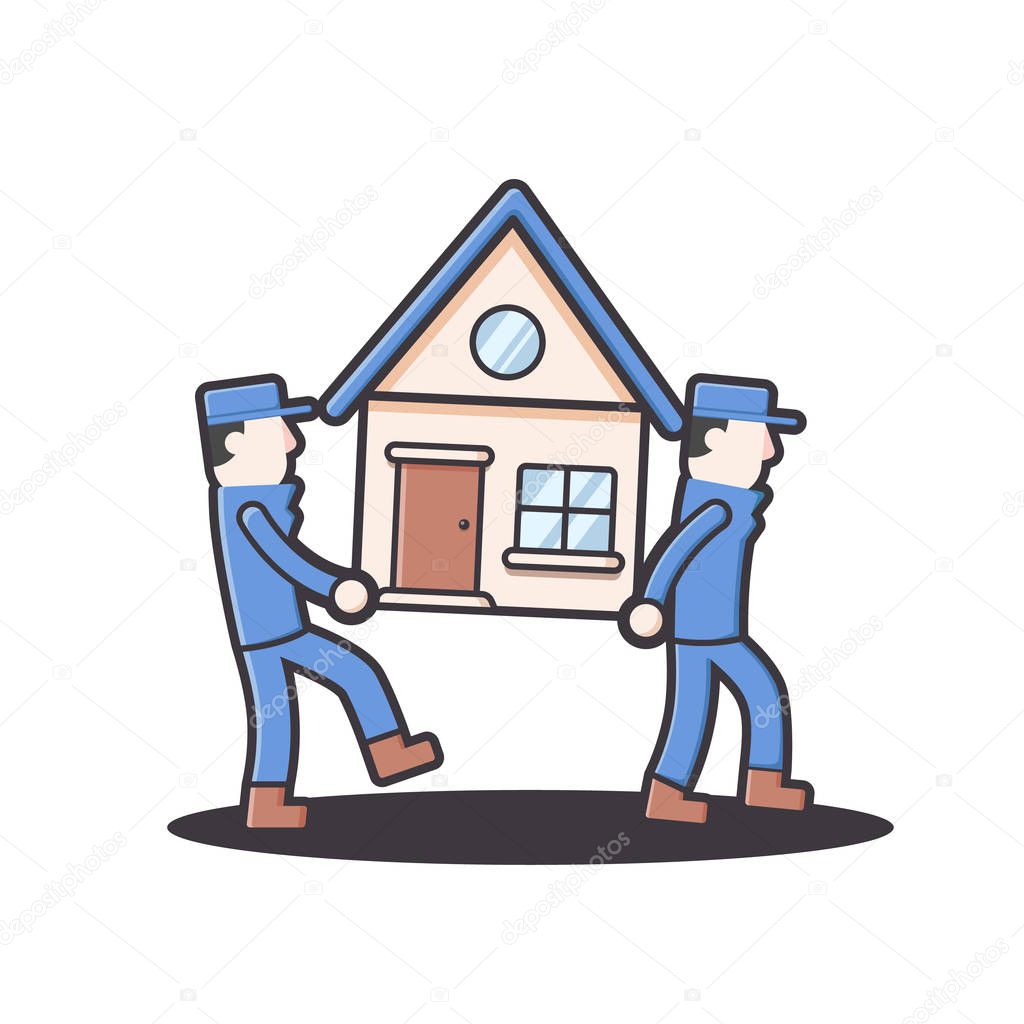 Moving house home work. moving and relocating worker company illustration in round flat style