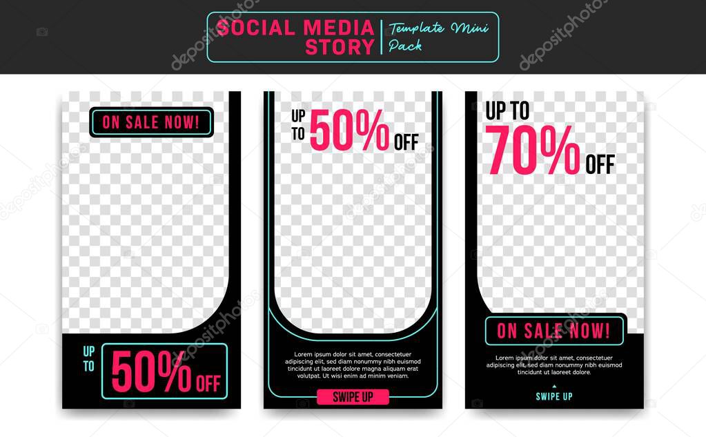 Social media instagram story vector template design midnight sale discount promotion with neon pink and blue modern style