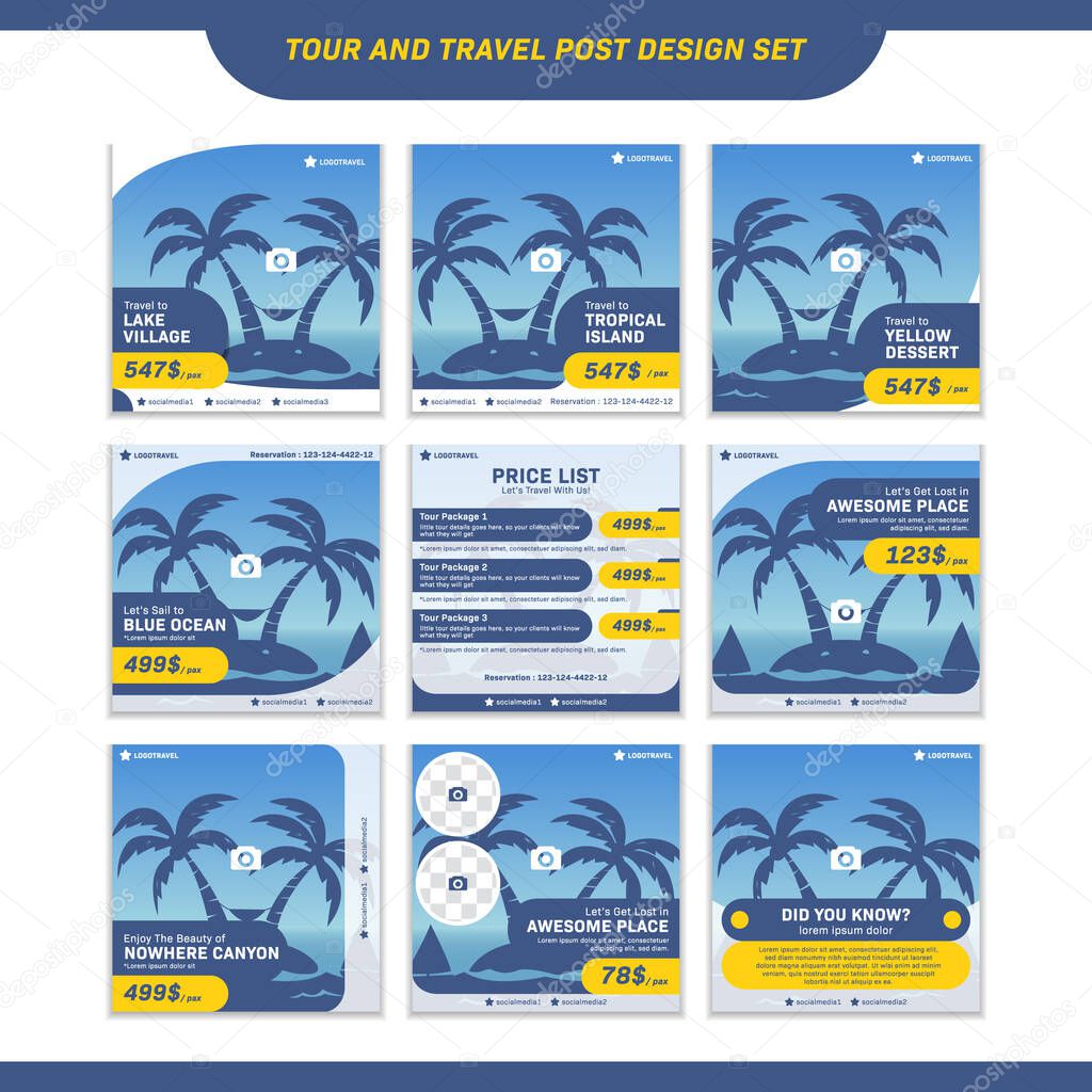 Instagram post design template set for travel and tourism promotion