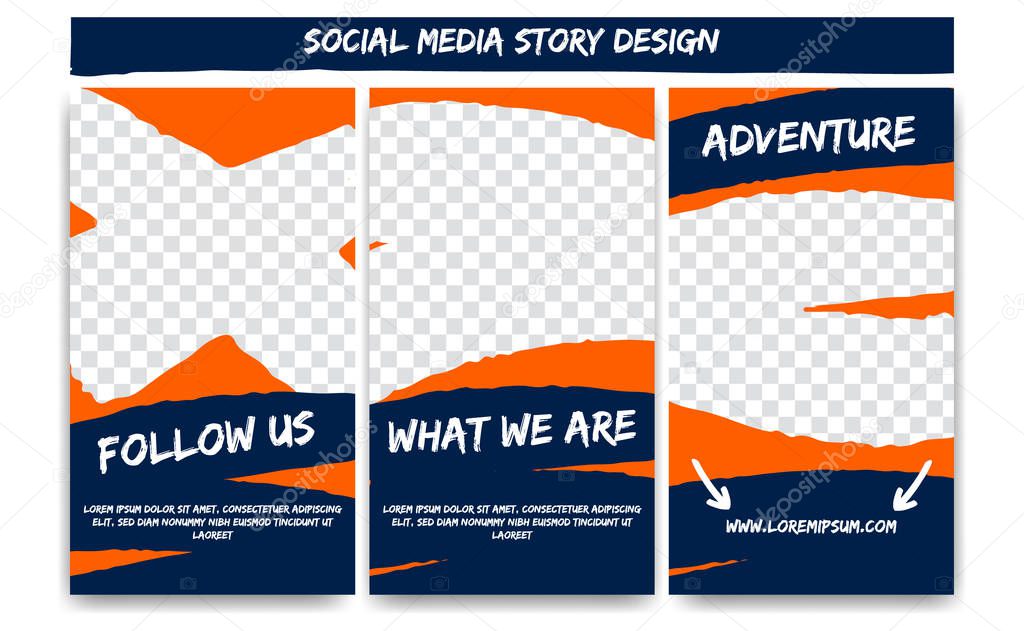 Editable social media IG story for action adventure in orange blue color. Streaming post social media template frame with brush stroke shape