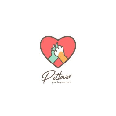 Pet lover logo, pet shop or shelter logo with dog and cat paw hi five inside love amour icon clipart