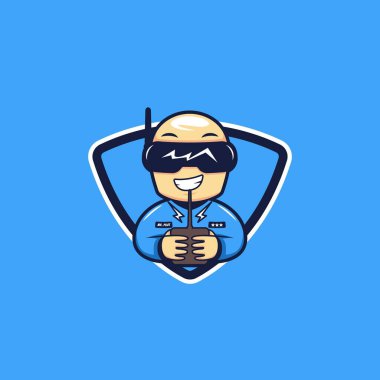 Yarış pilotu logosu, spor maskotu yaramaz kel İHA yarış pilotu logosu karakter çizim çizimi stili