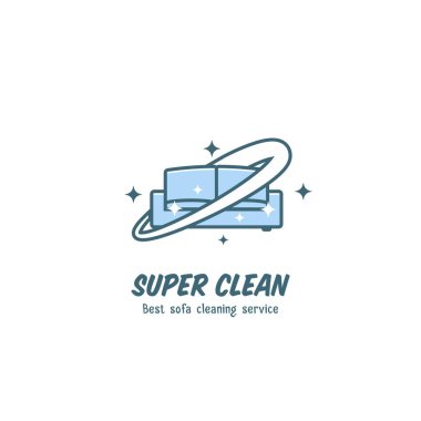 Kanepe temizleme servisi logosu karikatür, komik, eğlenceli, sembol simgesi parlayan göz kırpan ve süper temiz görünümlü.