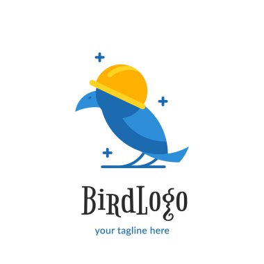 Mavi kuş logosu. Güvenlik miğferi sembollü mavi bir inşaat kuşu.