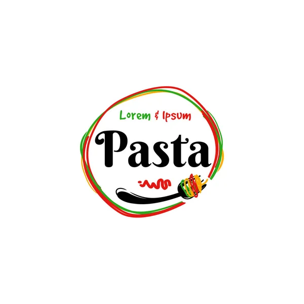 Logo restoran makanan pasta Italia dengan bendera Italia berwarna hijau hijau merah putih dan corat-coret lingkaran pasta vektor dengan garpu - Stok Vektor
