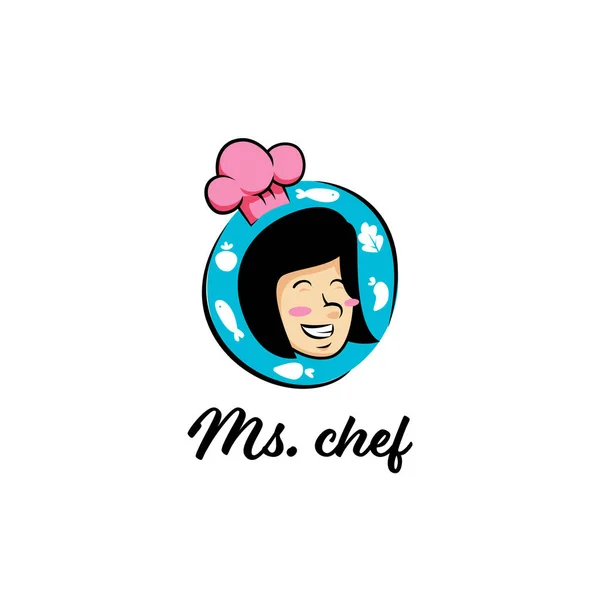 Señorita chef dulce lindo mujer personal chef logo icono símbolo con feliz sonrisa mujer chica pelo corto cara con chef sombrero mascota — Vector de stock