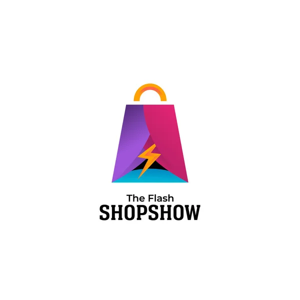 Flash venta tienda mostrar logo, símbolo icono logo diseño para tienda rápida instantánea o mostrar en forma de bolsa de compras con cortinas — Vector de stock