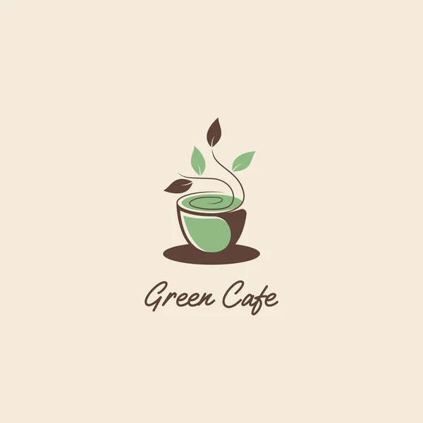 Grüne und umweltfreundliche Vintage-Café-Logo-Symbol mit Bruch und Blatt auf der Kaffeetasse — Stockvektor