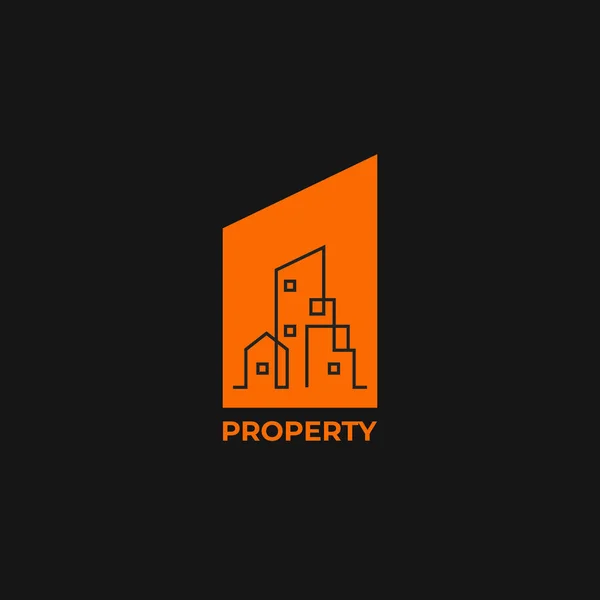 Ícone do logotipo da empresa imobiliária com monoline line building home apartment garage negative space illustration on orange background badge emblema símbolo — Vetor de Stock