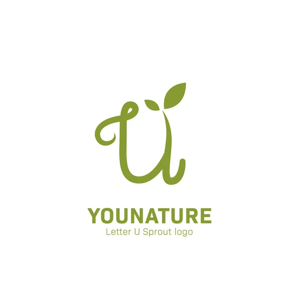 Yaprak ve yeşil renk simgesiyle u harfi şeklinde filizlenme logosu — Stok Vektör