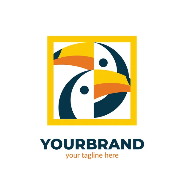 Simbol logo burung keluarga toucan. Toucan bird in yellow frame Mosaic gallery wildlife logo - Stok Vektor