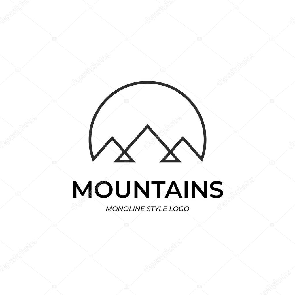 Simple line mountain mountains logo. Monoline triangle logo inside circle