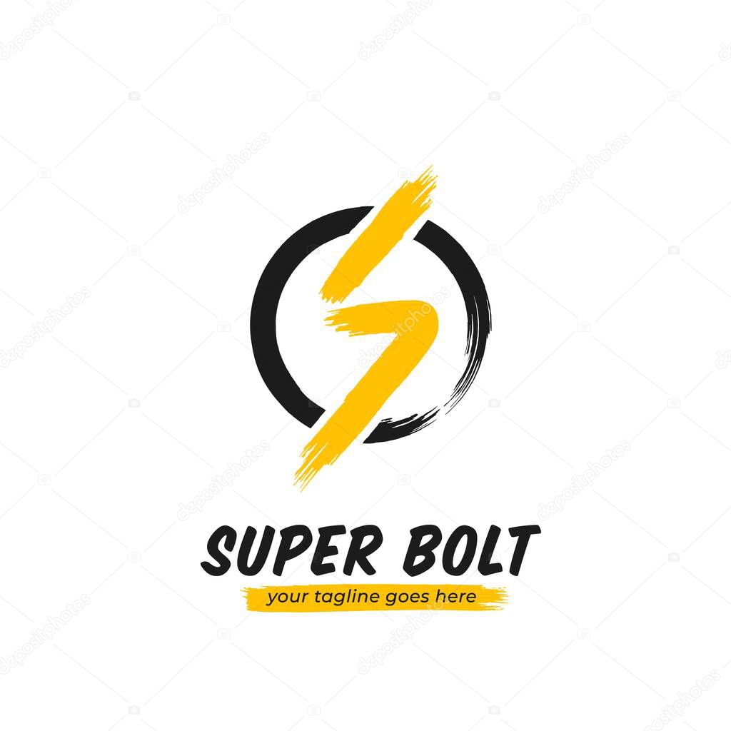 Super bolt lightning logo icon symbol with circle frame in dry brush ink stroke style simple abstract rough hand drawing