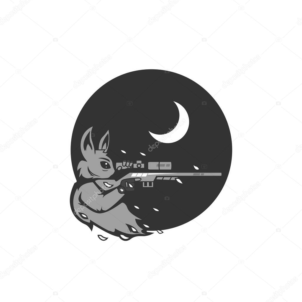 Moon rabbit marksman sniper illustration for gamer gaming esport logo in grayscale monochrome color style