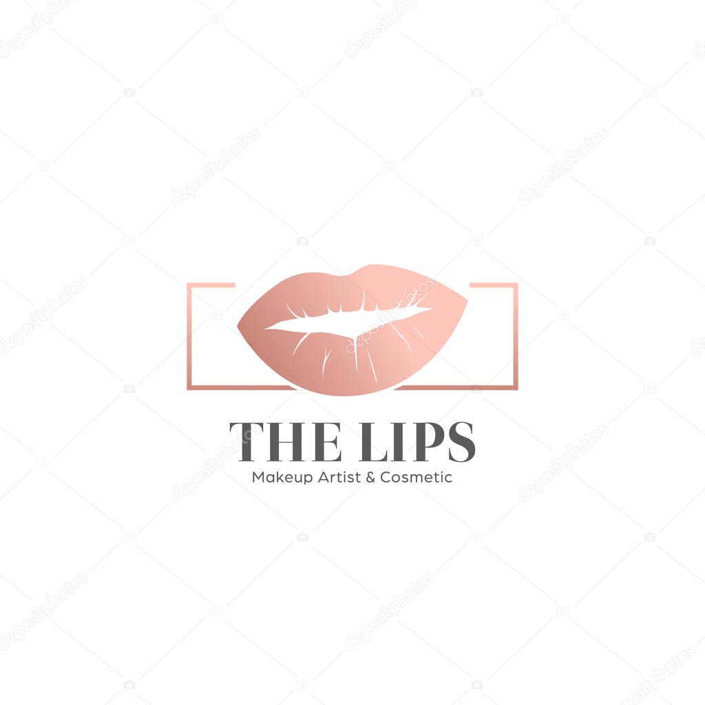 The lips cosmetic makeup artist logo icon symbol in rose gold color
