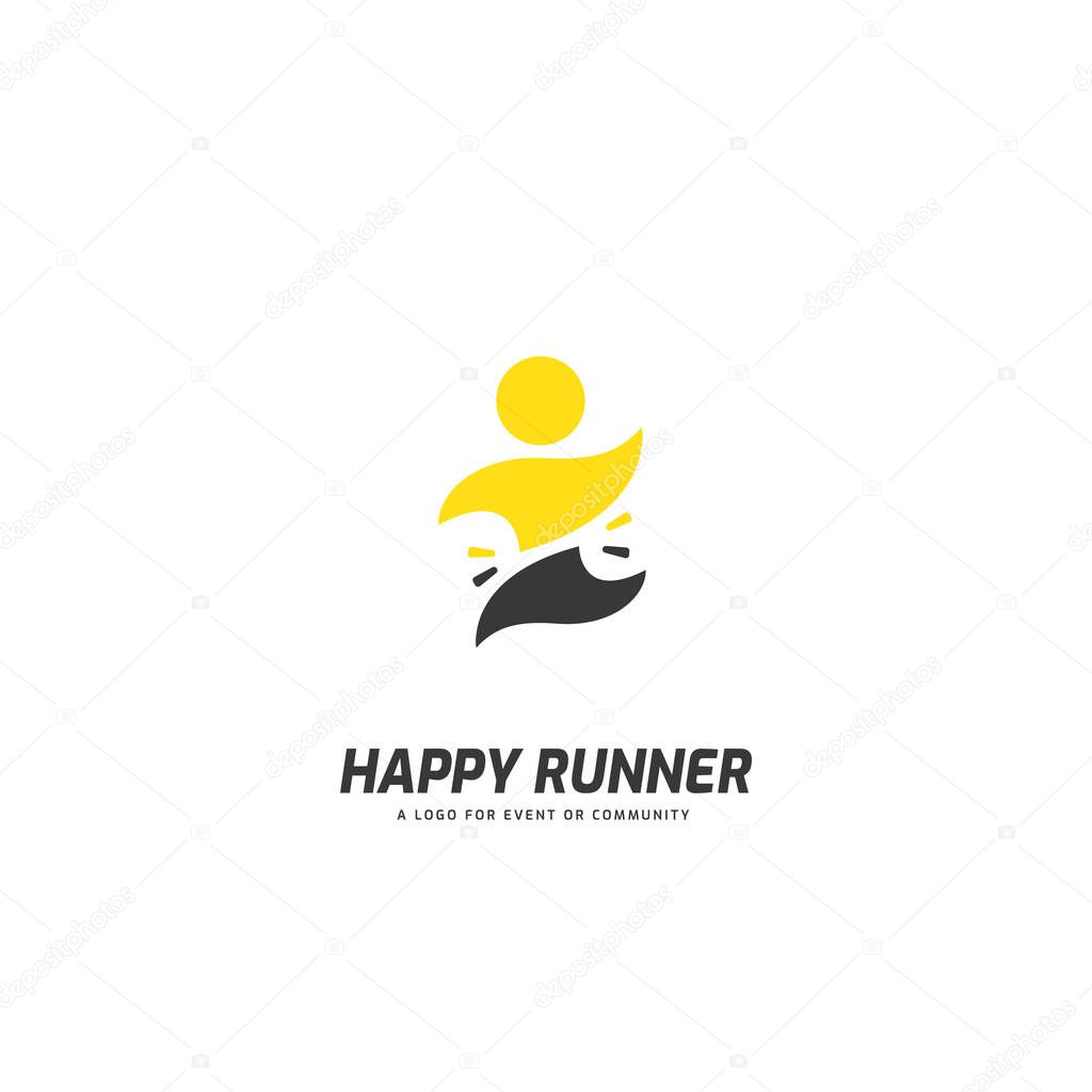Happy runner logo people running reaching finish line silhouette flat fun premium playful look for event or community