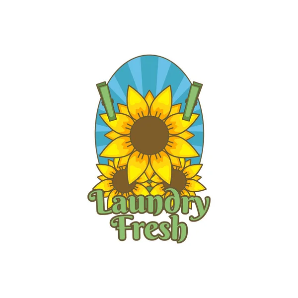 Sunflower flower fresh laundry logo icon badge illustration vintage color with sunburst background tattoo style