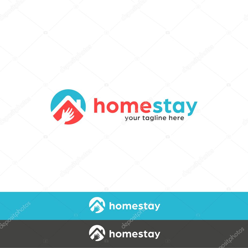 Friendly Homestay logo vector, family friendly hotel or motel, villa rent, and home related business in simple round, house roof and waving hand symbol.