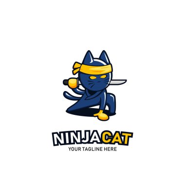 Katana Samuray karakter illüstrasyonlu hayvan ninja kedi logosu maskotu
