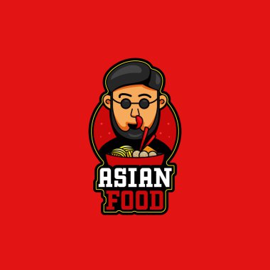 Asya yemek maskotu logosu sakallı ve yuvarlak gözlükleri olan komik bir çizgi film stili ve kâse resimli makarna sembollü ramen.