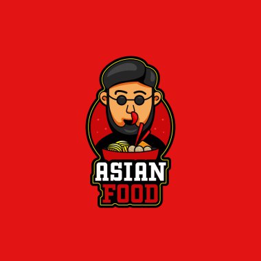 Asian food mascot logo fashioned character with beard and round eyeglasses in shopisticated cartoon fun style with bakso ramen in bowl illustration symbol clipart