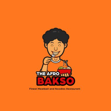 Afro bakso erişteli logo maskotu erkek afro saçlı karakter köfte yiyor.