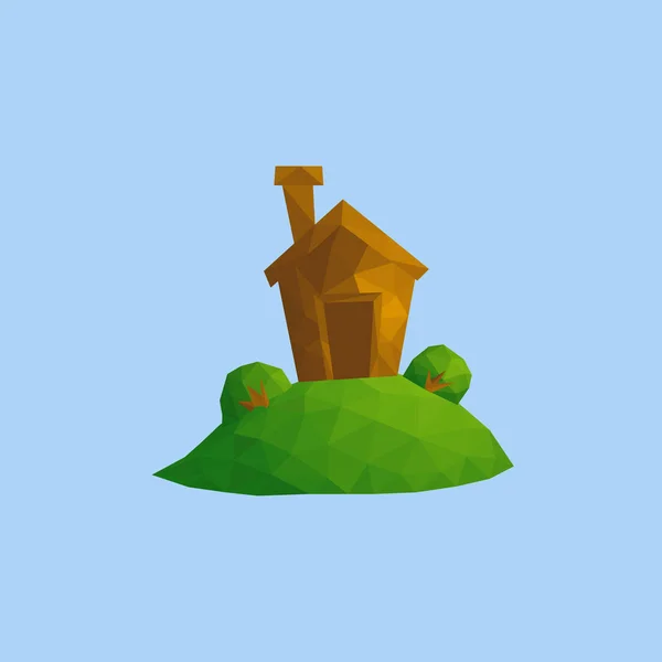 Pequeña casa divertida en la colina verde con algunos arbustos. Naturaleza al aire libre pueblo paisaje escena vector baja poli ilustración — Vector de stock