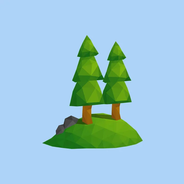 Pin et pierre sur la forêt verdoyante des collines. Paysage extérieur de la scène de la nature en vecteur low poly illustration — Image vectorielle