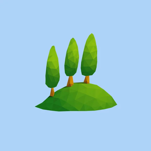 Arbre ovale vertical à trois colonnes sur colline verte dans un style vectoriel low poly art — Image vectorielle