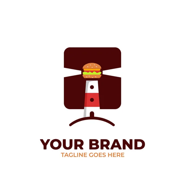Fyrens logotyp ikon byggnad. Fyren med hamburgare snabbmat på toppen i natt illustration badge fyrkantig klistermärke — Stock vektor