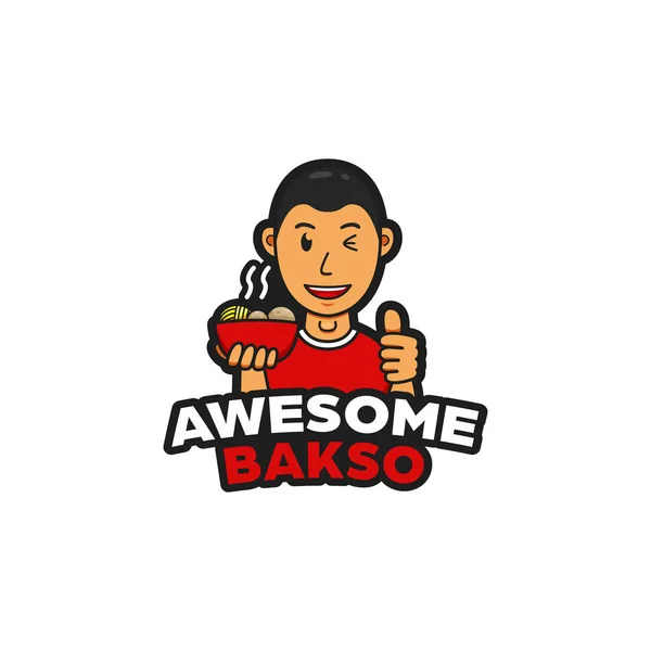 Maskot logo bakso yang enak dan mie dengan kepala botak masakan indonesia - Stok Vektor