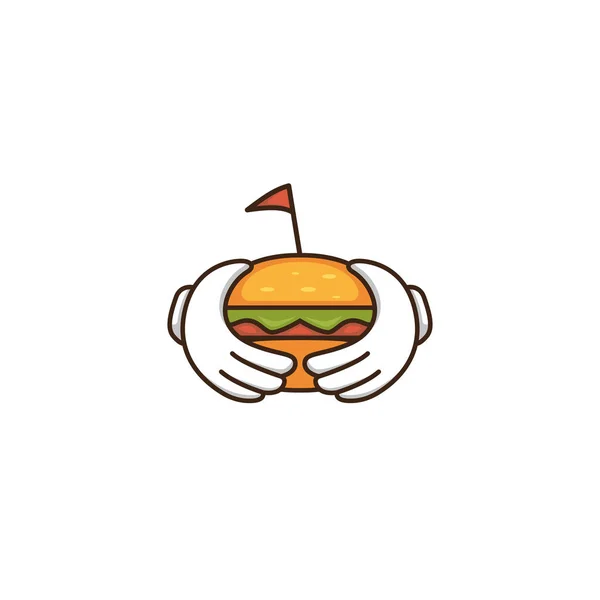 Burger χέρι σήμα μασκότ λογότυπο. Glove χέρι φέρει burger εικονογράφηση — Διανυσματικό Αρχείο