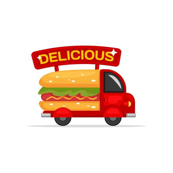 Delicious street food snack Hot dog truck van logo design illustration in cartoon funny style — Stock Vector