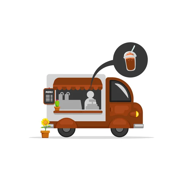 Eten snack chocolade drank vrachtwagen staan straat voedsel van auto met chocolade melk schudden drank vector illustratie cartoon stijl — Stockvector