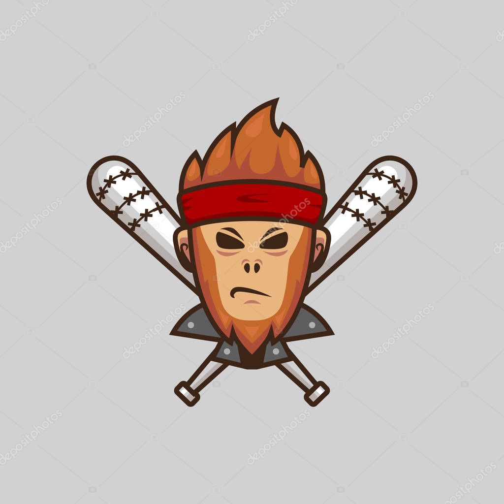 Badass Ape head character logo mascot esport. Violent Monkey biker gang with crossed baseball bat illustration