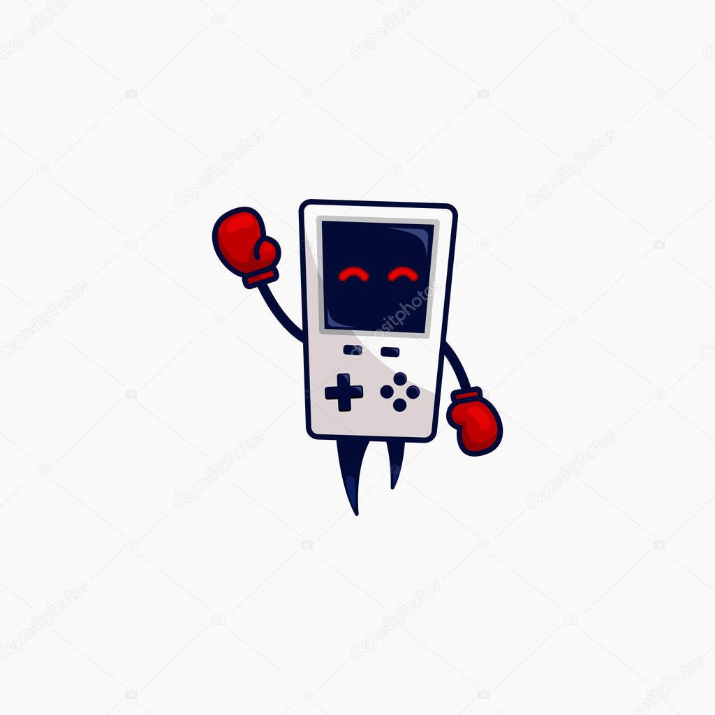 Funny retro gaming gamer device console mascot character boxer with boxing glove waving hand say hello illustration logo