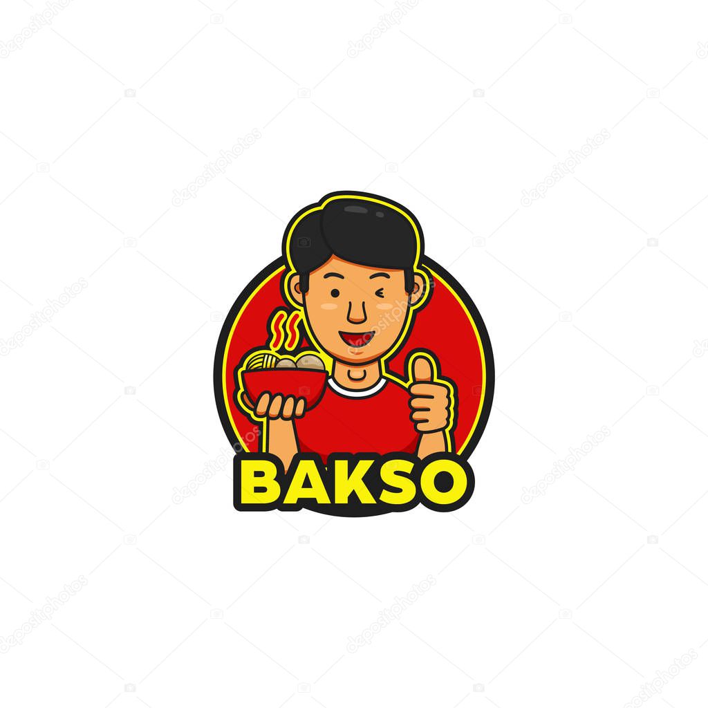 Yummy tasty bakso logo with young handsome character mascot show thumb of good taste and recommended