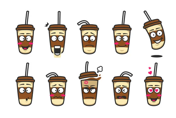 Káva karton pohár postava karikatura maskot emoji kit set — Stockový vektor