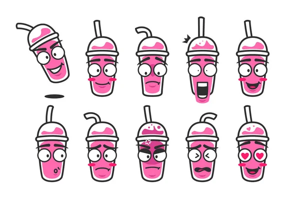 ピンクスムージーカップドリンクキャラクター漫画マスコット絵文字かわいいスマイリー式キットセット — ストックベクタ