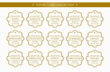 Altın renkli vektör kümesi koleksiyonunda mutfak çeşnisi etiketi düzenleyicisi