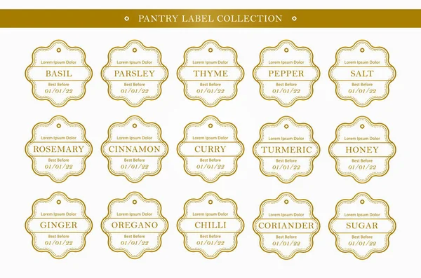 Kitchen seasoning pantry label organizer in gold color vector set collection — Stock Vector