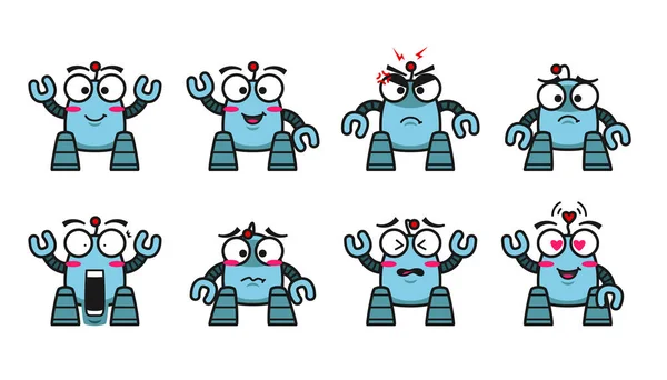 Blau Roboter Charakter Maskottchen niedlich Emoji Emotionen Ausdruck Vektor Sammlung Set — Stockvektor