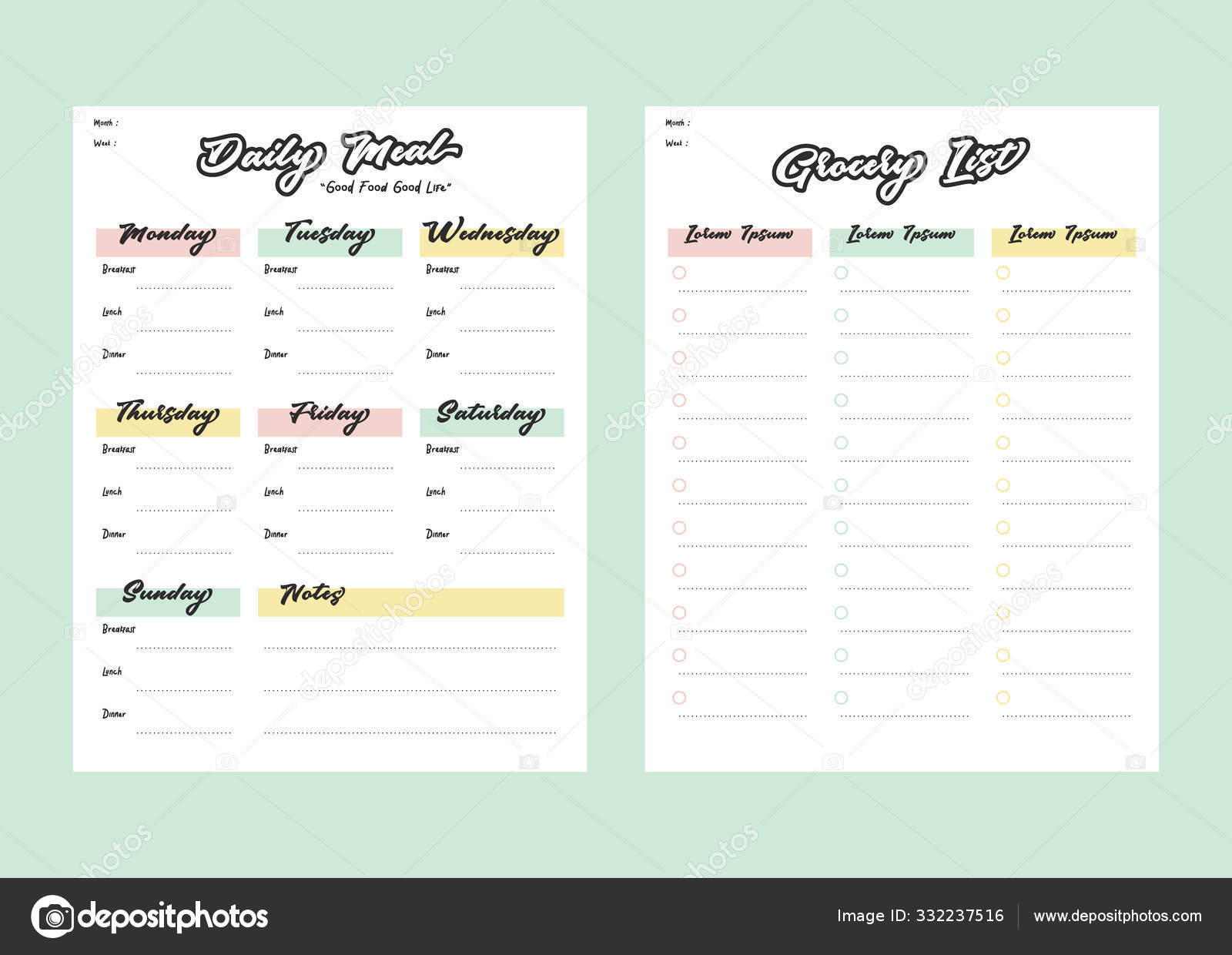 Meal menu planner and shopping grocery list with checklist for In Blank Grocery Shopping List Template